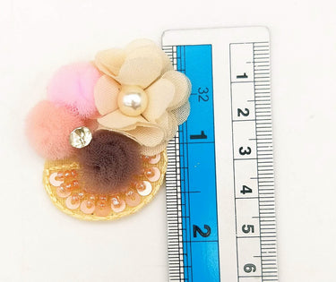 Hand Embroidered Beige and Pink Floral Applique, 2 Pcs